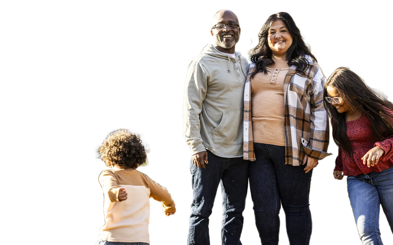 Husband and wife posing with a photograph with their children.