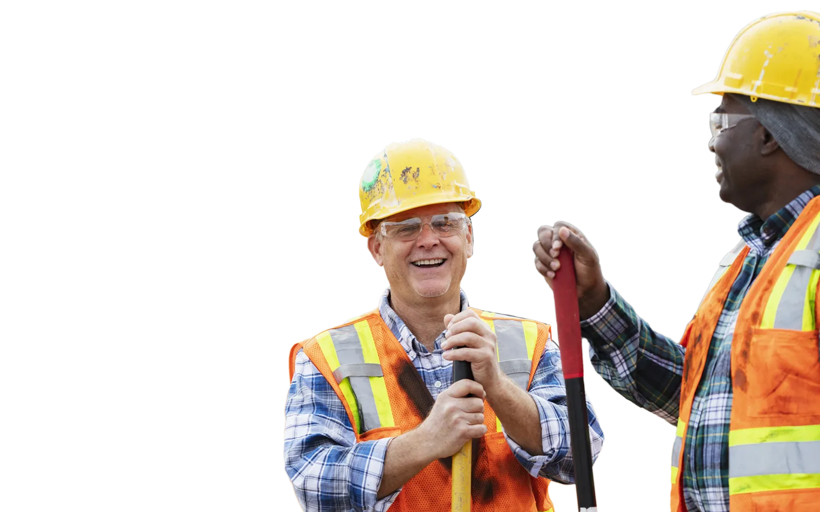 Construction workers laughing together.