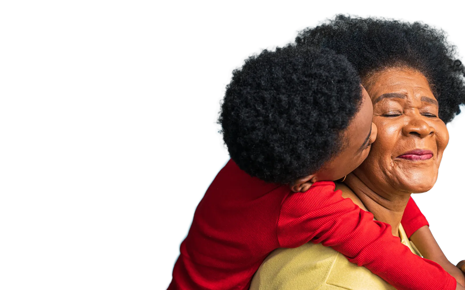 A mother being embraced by her child.